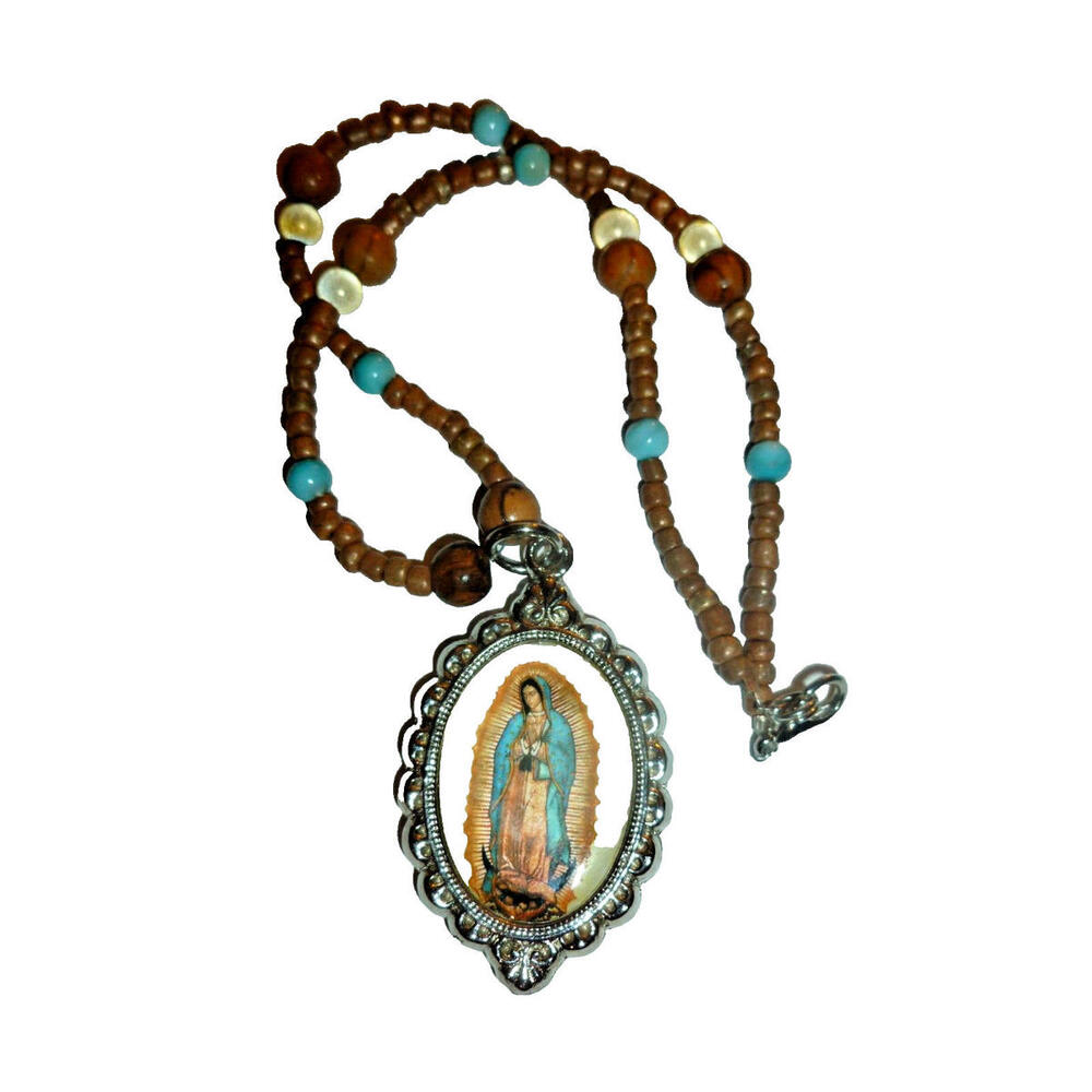LADY OF GUADALUPE NECKLACE Virgin Mary Catholic Wooden Vintage Choker 14" Rosary